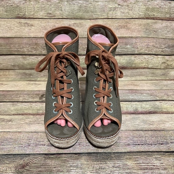 Tory Burch Green Canvas Wedge Lace Up Espadrilles - Picture 8 of 9